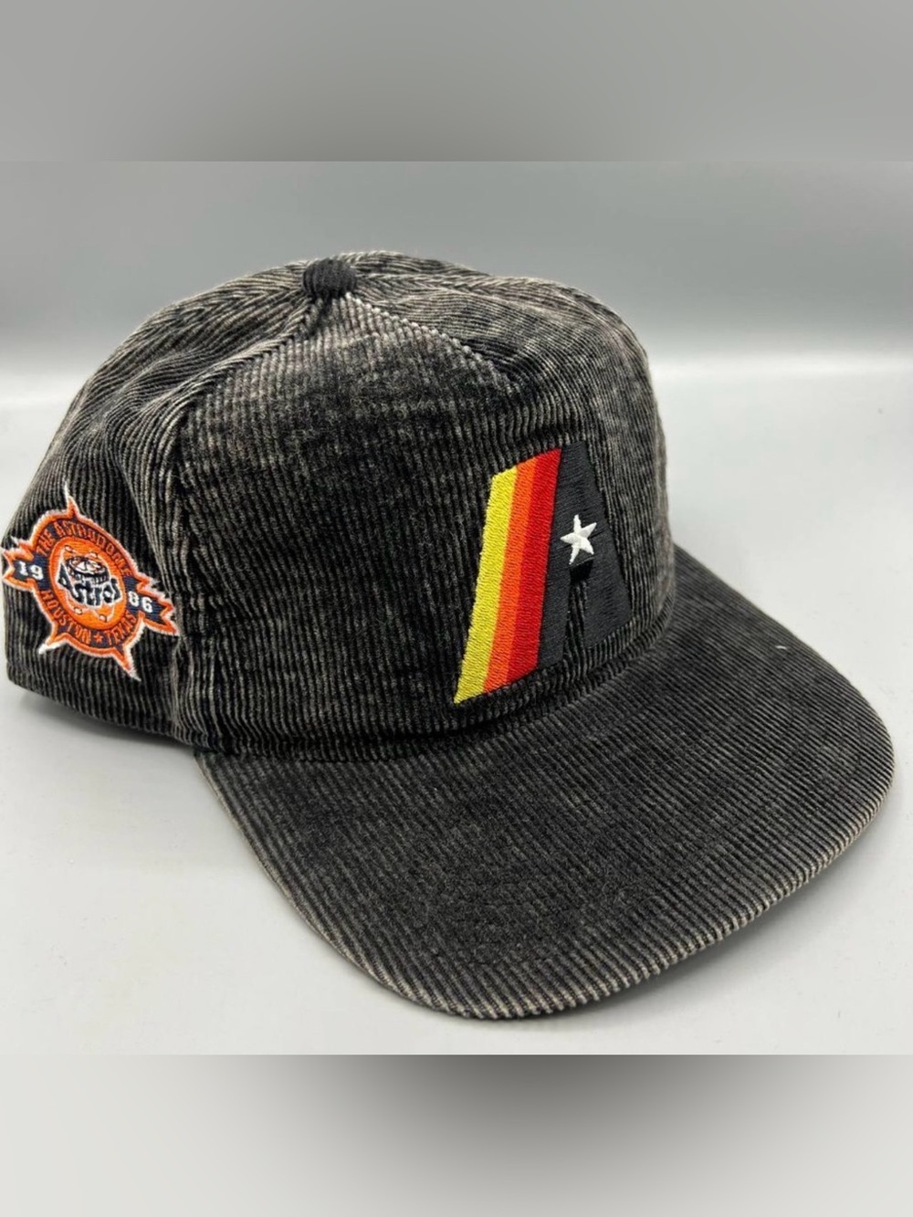 New Era Black Corduroy Astros Hat with Red, Orange & Yellow Stripe Patch